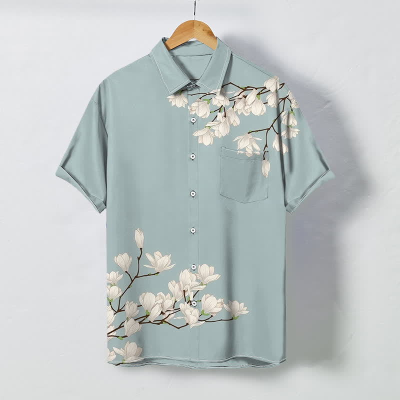 Buddha Stones Chemise à manches courtes pour homme, à boutons et motif floral magnolia blanc, infroissable - Bleu poudré - US/UK/AU48，EU58 (4XL) - image 0