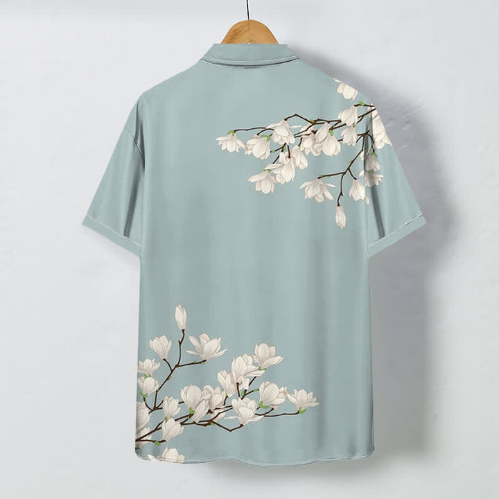 Buddha Stones Chemise à manches courtes pour homme, à boutons et motif floral magnolia blanc, infroissable - image 1