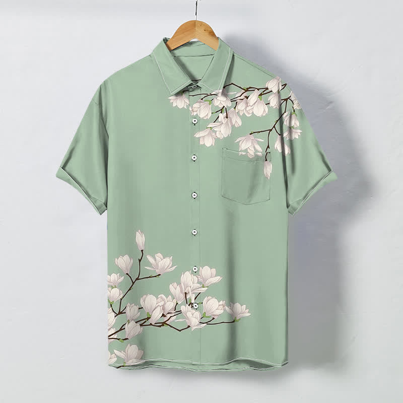 Buddha Stones Chemise à manches courtes pour homme, à boutons et motif floral magnolia blanc, infroissable - Vert clair - US/UK/AU48，EU58 (4XL) - image 3
