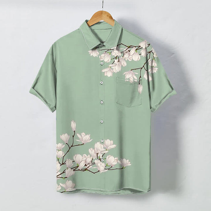 Buddha Stones Chemise à manches courtes pour homme, à boutons et motif floral magnolia blanc, infroissable - Vert clair - US/UK/AU48，EU58 (4XL) - image 3