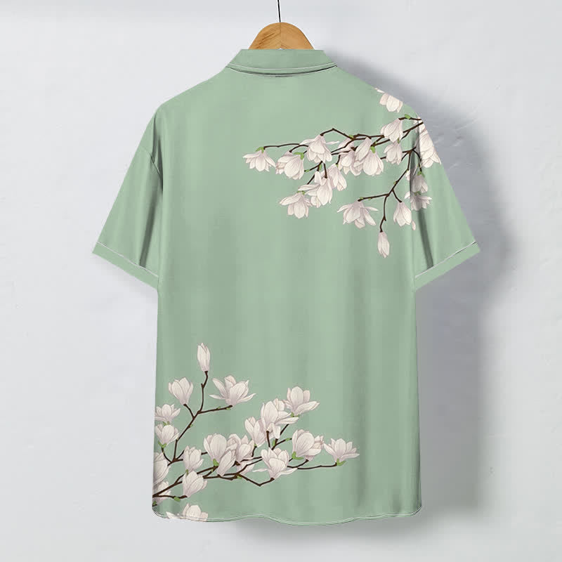 Buddha Stones Chemise à manches courtes pour homme, à boutons et motif floral magnolia blanc, infroissable - image 4