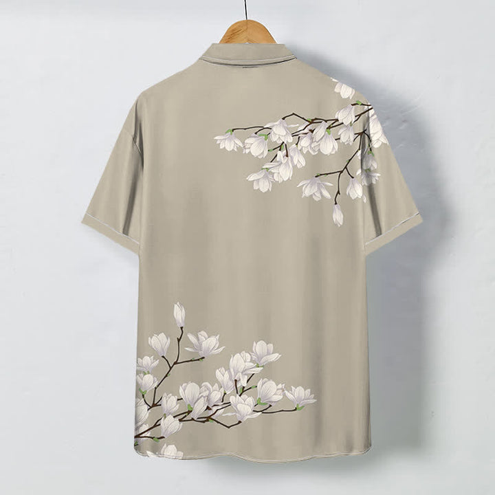 Buddha Stones Chemise à manches courtes pour homme, à boutons et motif floral magnolia blanc, infroissable - image 7