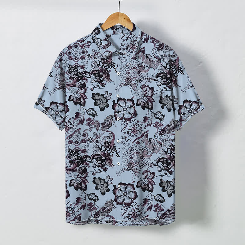 Buddha Stones Chemise à manches courtes pour homme, à boutons, motif floral tropical et infroissable - Bleu clair - US/UK/AU48，EU58 (4XL) - image 3
