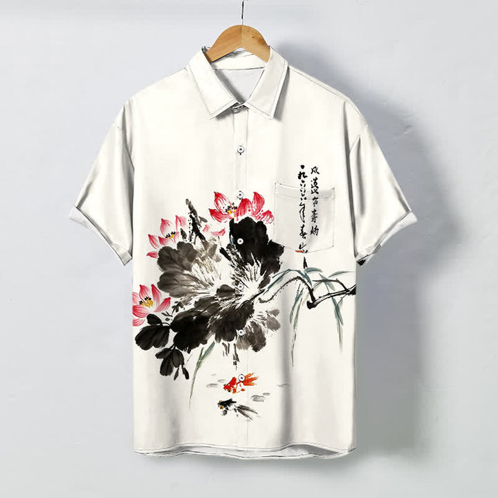 Buddha Stones Chemise à manches courtes respirante pour homme, à boutons et motif de carpes koï et de lotus à l'encre - Ivoire - US/UK/AU48，EU58 (4XL) - image 0