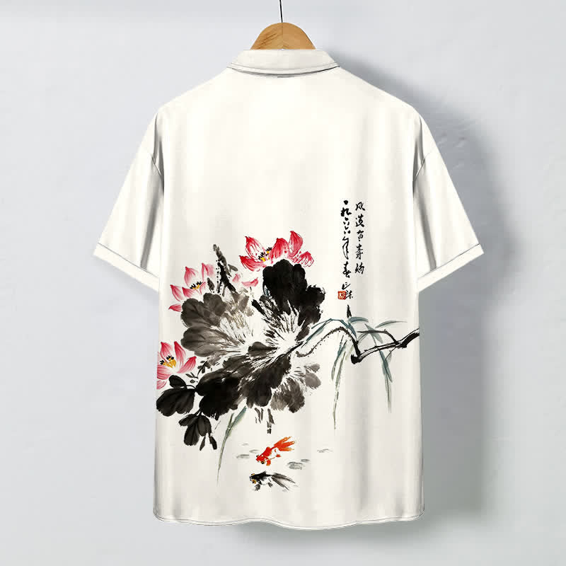 Buddha Stones Chemise à manches courtes respirante pour homme, à boutons et motif de carpes koï et de lotus à l'encre - image 1