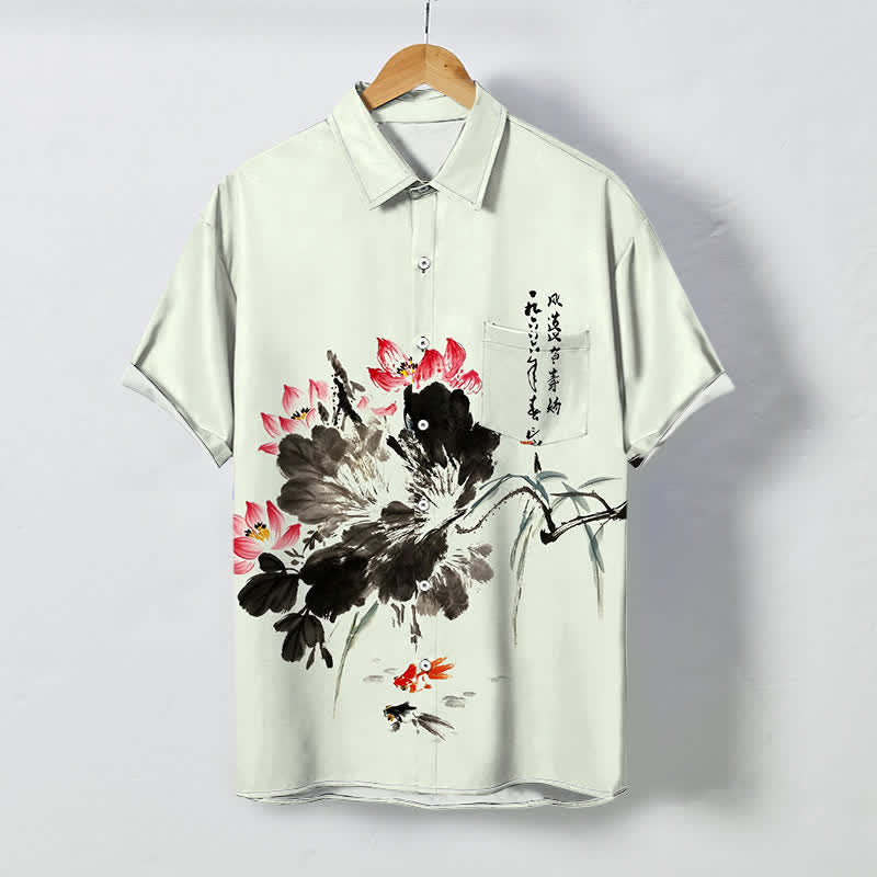 Buddha Stones Chemise à manches courtes respirante pour homme, à boutons et motif de carpes koï et de lotus à l'encre - Crème à la menthe - US/UK/AU48，EU58 (4XL) - image 3