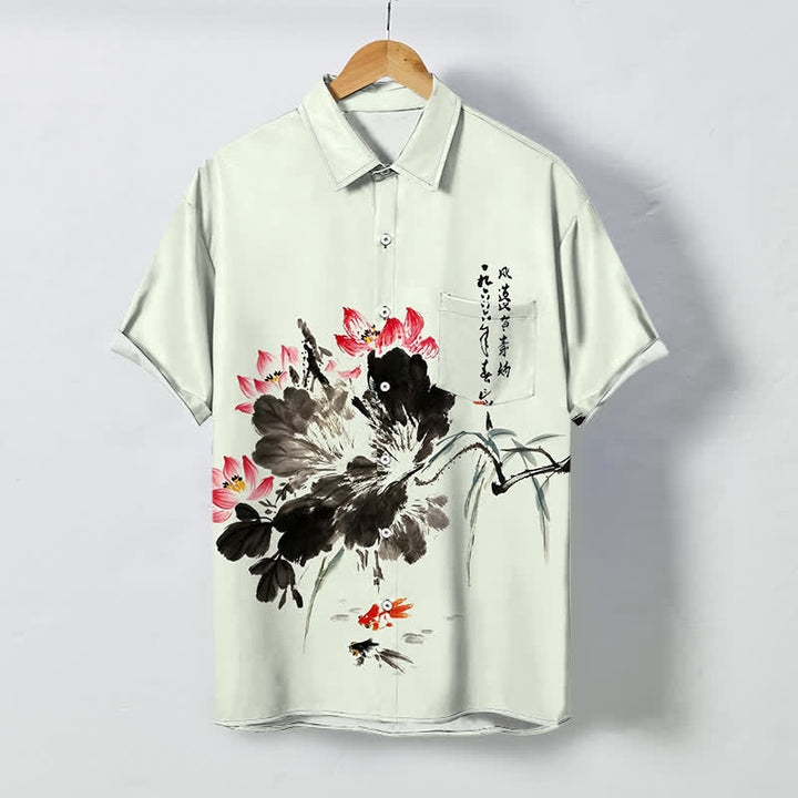 Buddha Stones Chemise à manches courtes respirante pour homme, à boutons et motif de carpes koï et de lotus à l'encre - Crème à la menthe - US/UK/AU48，EU58 (4XL) - image 3