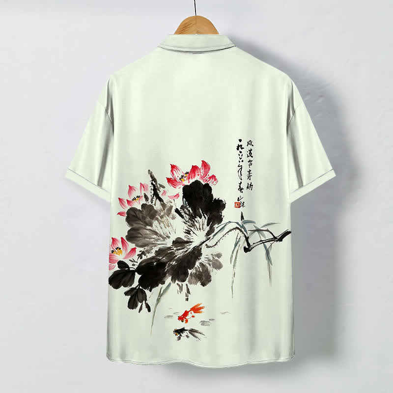 Buddha Stones Chemise à manches courtes respirante pour homme, à boutons et motif de carpes koï et de lotus à l'encre - image 4