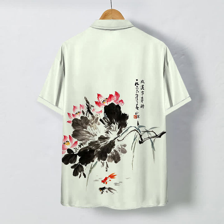Buddha Stones Chemise à manches courtes respirante pour homme, à boutons et motif de carpes koï et de lotus à l'encre - image 4