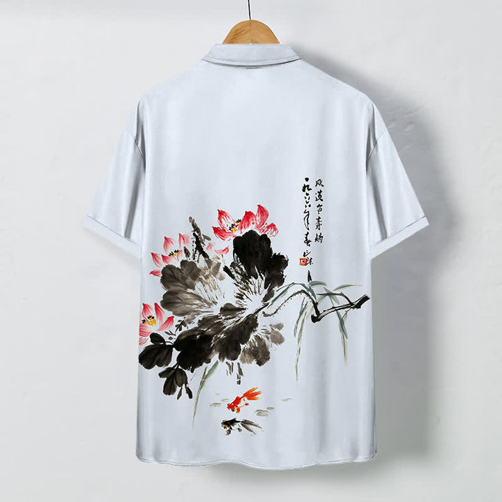 Buddha Stones Chemise à manches courtes respirante pour homme, à boutons et motif de carpes koï et de lotus à l'encre - image 7