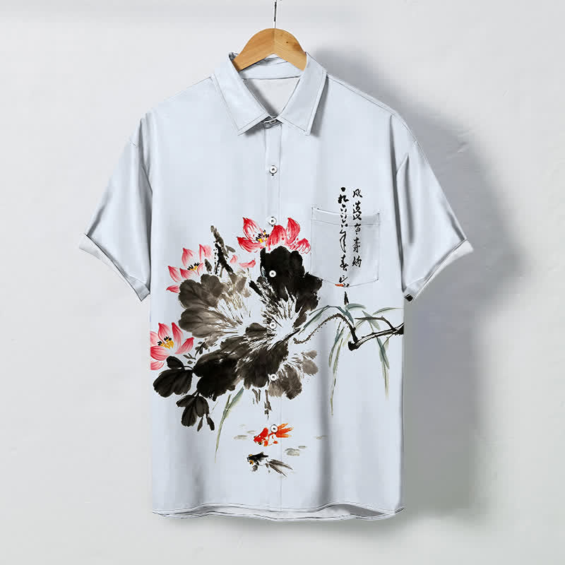 Buddha Stones Chemise à manches courtes respirante pour homme, à boutons et motif de carpes koï et de lotus à l'encre - Bleu clair - US/UK/AU48，EU58 (4XL) - image 6