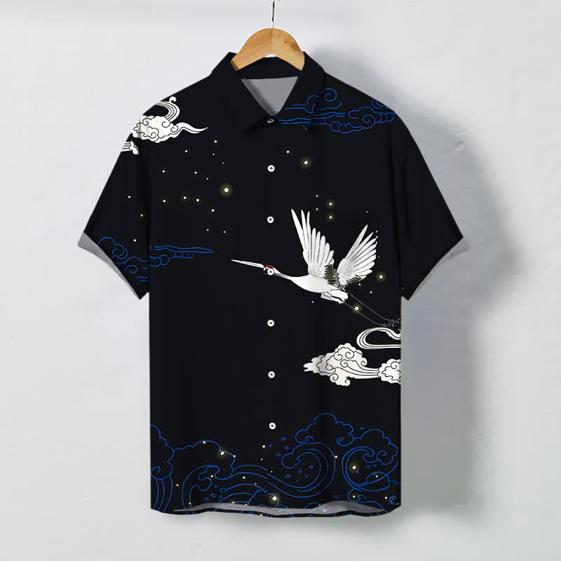 Buddha Stones Chemise à manches courtes pour homme, à boutons et motif de grue volante et de nuages, infroissable - Noir - US/UK/AU48，EU58 (4XL) - image 0
