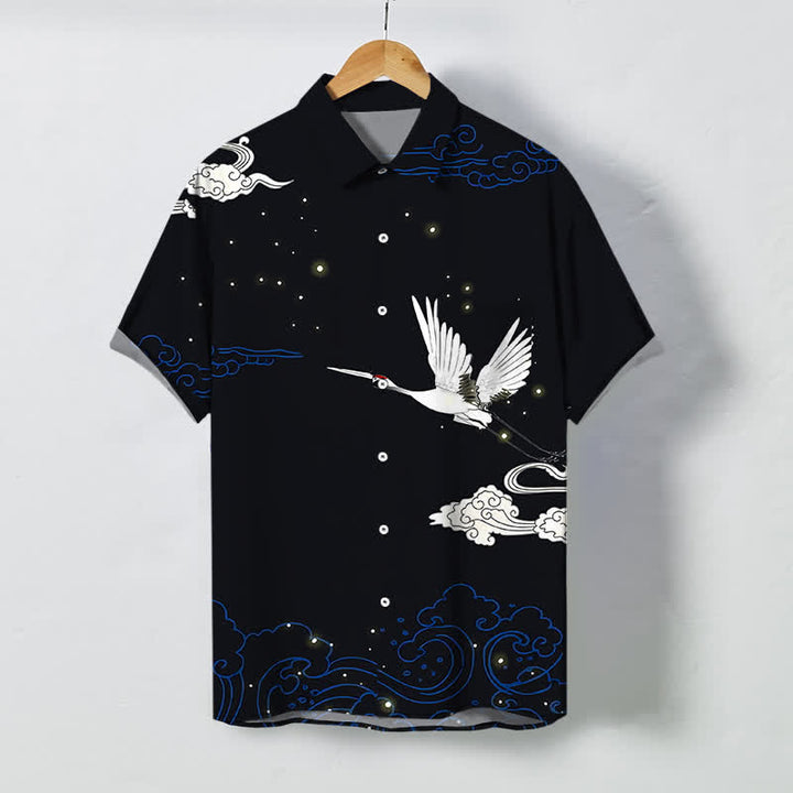 Buddha Stones Chemise à manches courtes pour homme, à boutons et motif de grue volante et de nuages, infroissable - Noir - US/UK/AU48，EU58 (4XL) - image 0