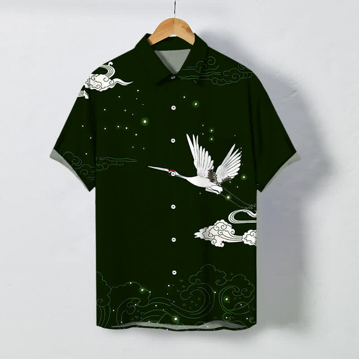 Buddha Stones Chemise à manches courtes pour homme, à boutons et motif de grue volante et de nuages, infroissable - Vert foncé - US/UK/AU48，EU58 (4XL) - image 5