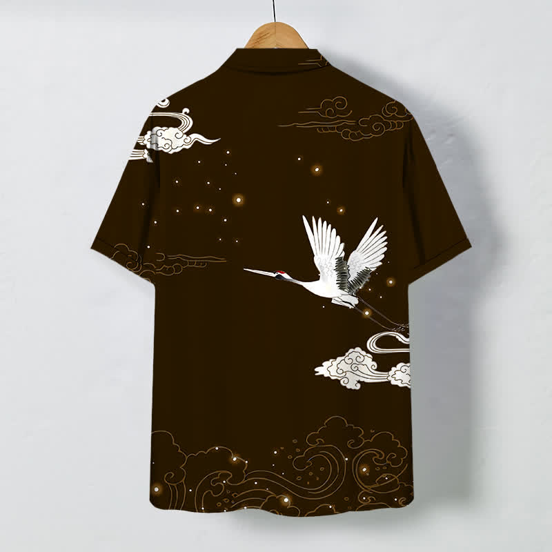 Buddha Stones Chemise à manches courtes pour homme, à boutons et motif de grue volante et de nuages, infroissable - image 11