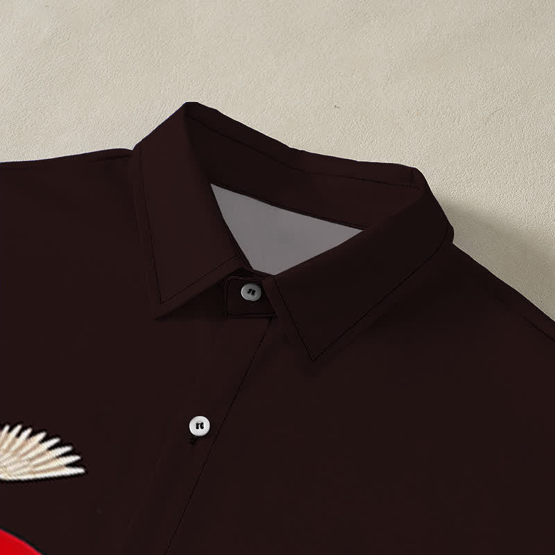Buddha Stones Chemise à manches courtes pour homme, infroissable, avec boutons à motif de grue et de pin rouge soleil - image 12