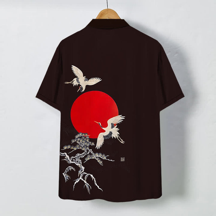 Buddha Stones Chemise à manches courtes pour homme, infroissable, avec boutons à motif de grue et de pin rouge soleil - image 11