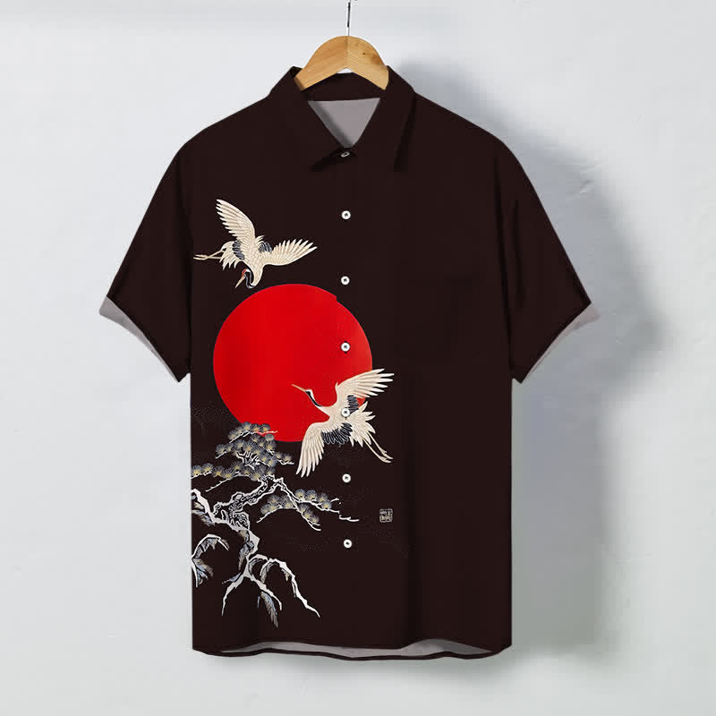 Buddha Stones Chemise à manches courtes pour homme, infroissable, avec boutons à motif de grue et de pin rouge soleil - SaddleBrown - US/UK/AU48，EU58 (4XL) - image 10