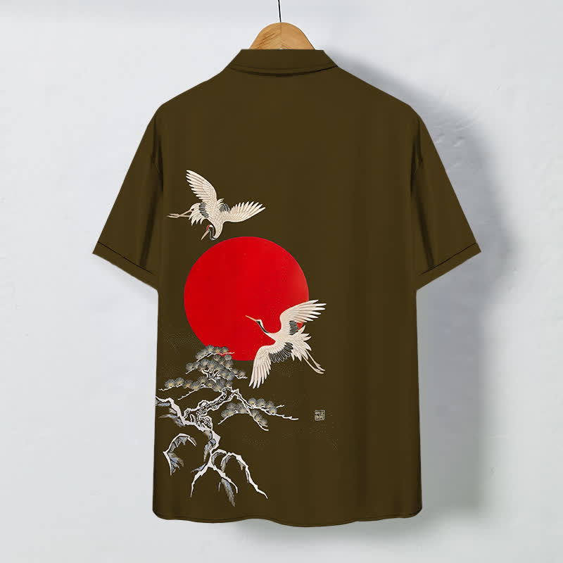 Buddha Stones Chemise à manches courtes pour homme, infroissable, avec boutons à motif de grue et de pin rouge soleil - image 6
