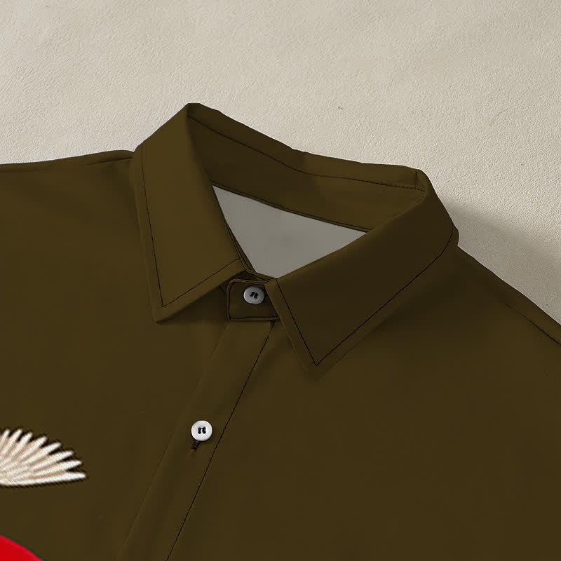 Buddha Stones Chemise à manches courtes pour homme, infroissable, avec boutons à motif de grue et de pin rouge soleil - image 7