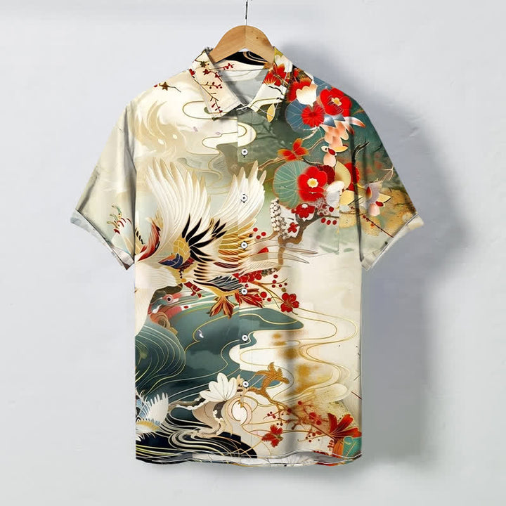 Buddha Stones Chemise à manches courtes respirante pour homme avec boutons à motif floral Crane Wave - Lin - US/UK/AU48，EU58 (4XL) - image 0