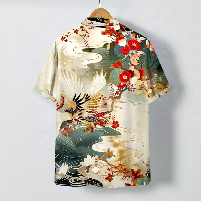 Buddha Stones Chemise à manches courtes respirante pour homme avec boutons à motif floral Crane Wave - image 1