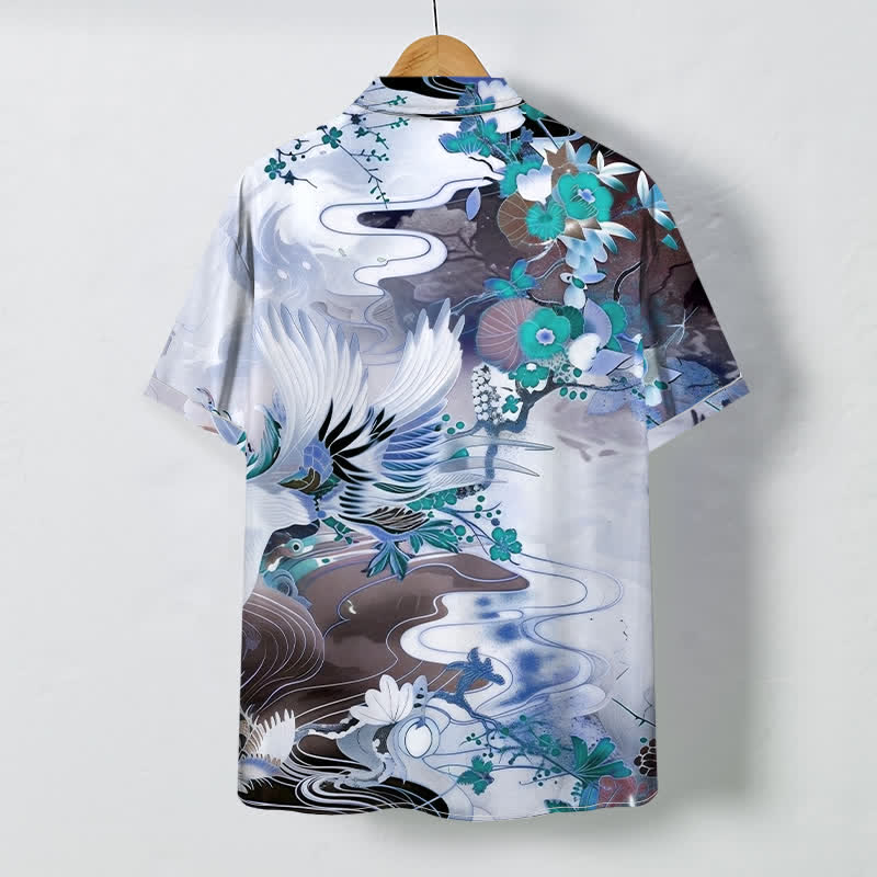 Buddha Stones Chemise à manches courtes respirante pour homme avec boutons à motif floral Crane Wave - image 4