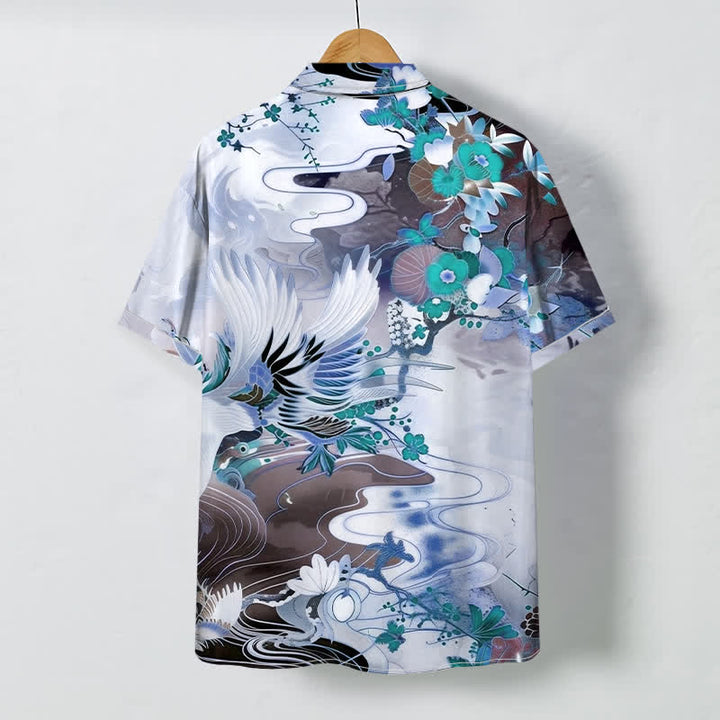 Buddha Stones Chemise à manches courtes respirante pour homme avec boutons à motif floral Crane Wave - image 4