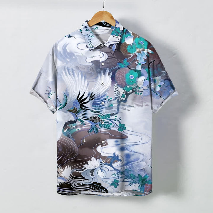 Buddha Stones Chemise à manches courtes respirante pour homme avec boutons à motif floral Crane Wave - Bleu clair - US/UK/AU48，EU58 (4XL) - image 3