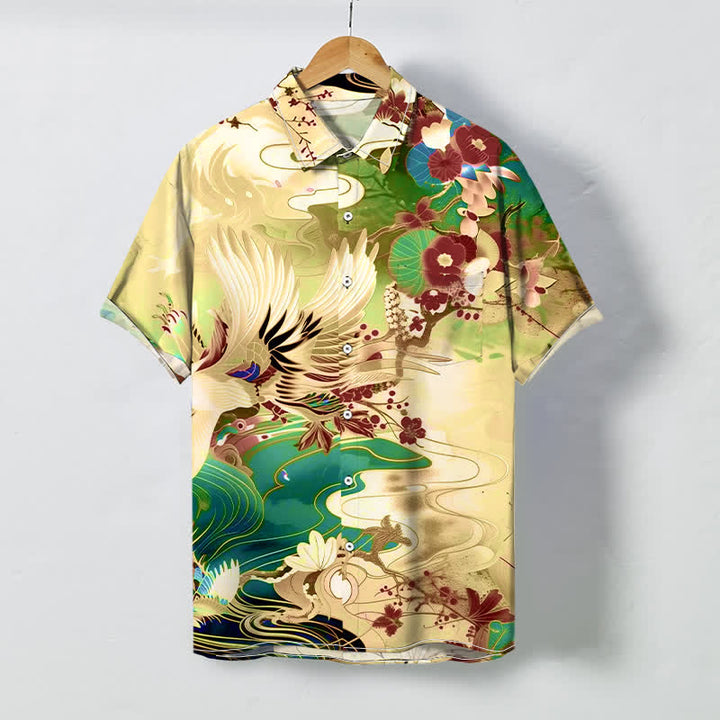 Buddha Stones Chemise à manches courtes respirante pour homme avec boutons à motif floral Crane Wave - soie de maïs - US/UK/AU48，EU58 (4XL) - image 6