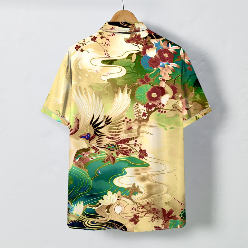 Buddha Stones Chemise à manches courtes respirante pour homme avec boutons à motif floral Crane Wave - image 7