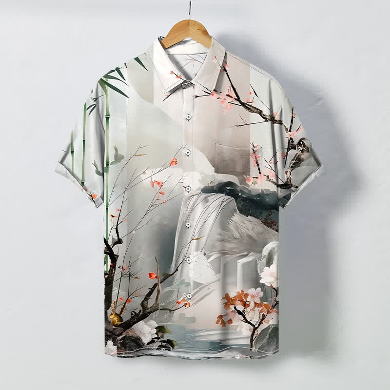 Buddha Stones Chemise à manches courtes pour homme, infroissable, à boutons et motif de fleurs de grues dans un paysage à l'encre - WhiteSmoke - US/UK/AU48，EU58 (4XL) - image 0