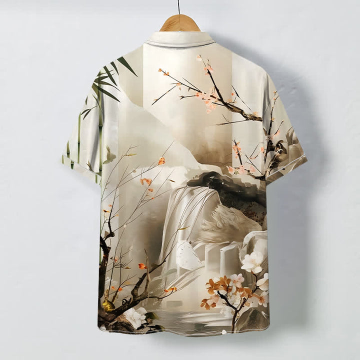 Buddha Stones Chemise à manches courtes pour homme, infroissable, à boutons et motif de fleurs de grues dans un paysage à l'encre - image 4