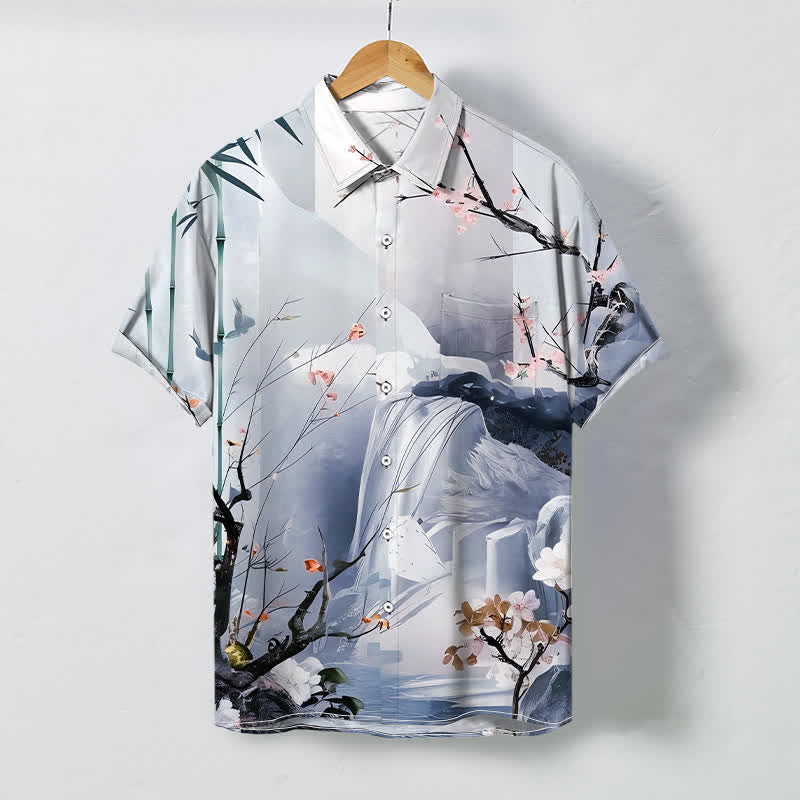 Buddha Stones Chemise à manches courtes pour homme, infroissable, à boutons et motif de fleurs de grues dans un paysage à l'encre - AliceBlue - US/UK/AU48，EU58 (4XL) - image 6