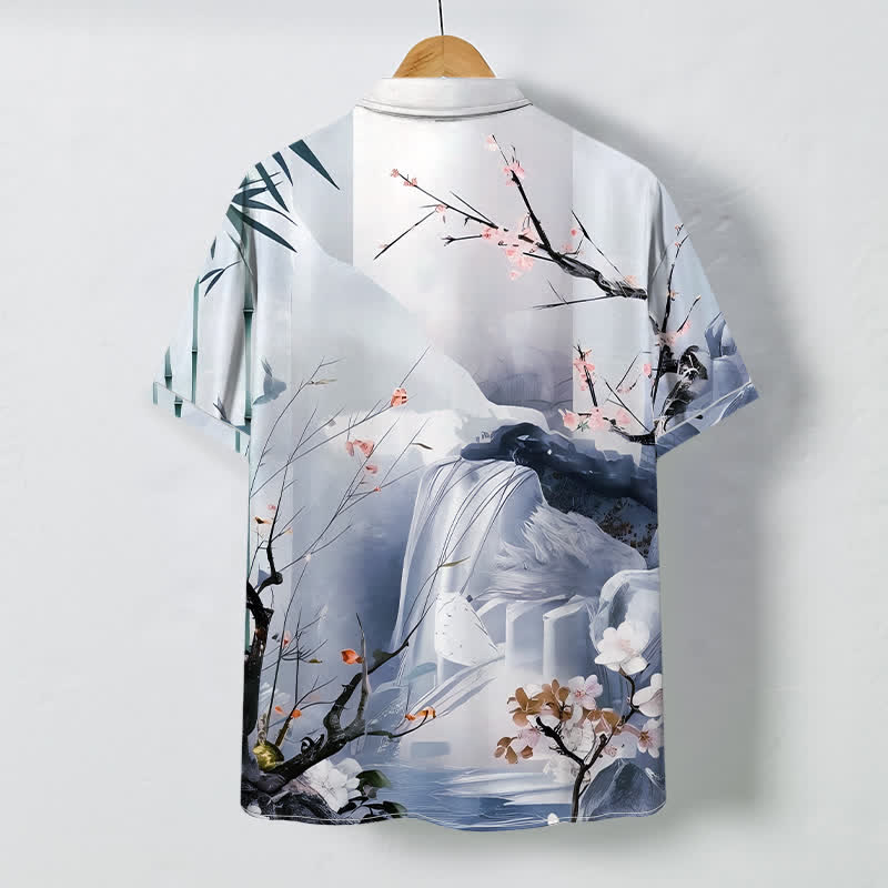 Buddha Stones Chemise à manches courtes pour homme, infroissable, à boutons et motif de fleurs de grues dans un paysage à l'encre - image 7