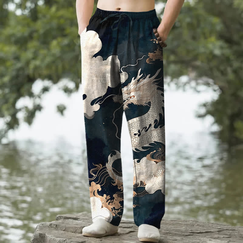 Buddha Stones Pantalon fuselé pour homme en coton à motif nuage de dragon, avec poches - Sarcelle - US/UK/AU50，EU60 (5XL) - image 0