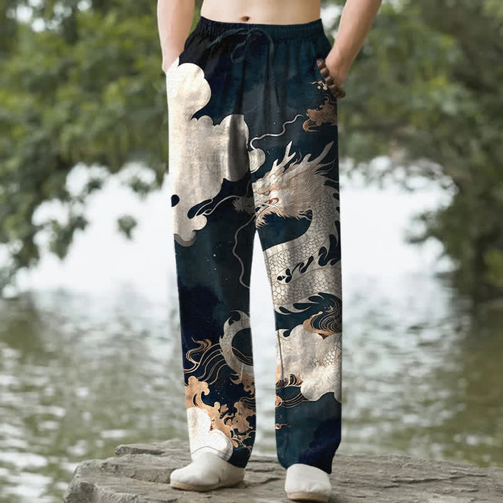 Buddha Stones Pantalon fuselé pour homme en coton à motif nuage de dragon, avec poches - Sarcelle - US/UK/AU50，EU60 (5XL) - image 0
