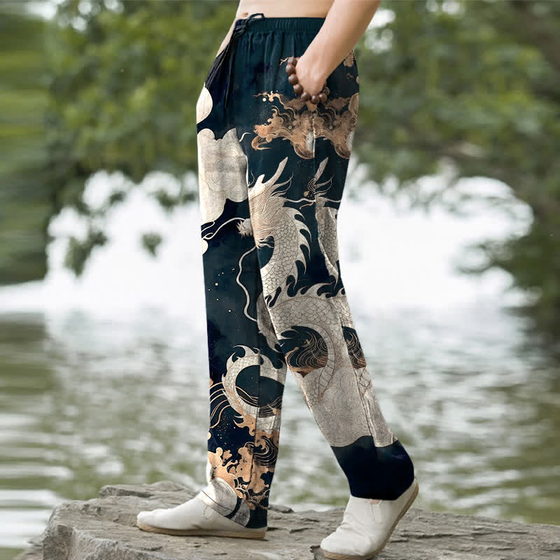 Buddha Stones Pantalon fuselé pour homme en coton à motif nuage de dragon, avec poches - image 1