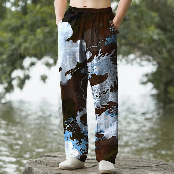 Buddha Stones Pantalon fuselé pour homme en coton à motif nuage de dragon, avec poches - SaddleBrown - US/UK/AU50，EU60 (5XL) - image 4