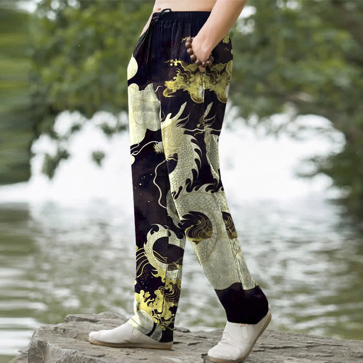 Buddha Stones Pantalon fuselé pour homme en coton à motif nuage de dragon, avec poches - image 7