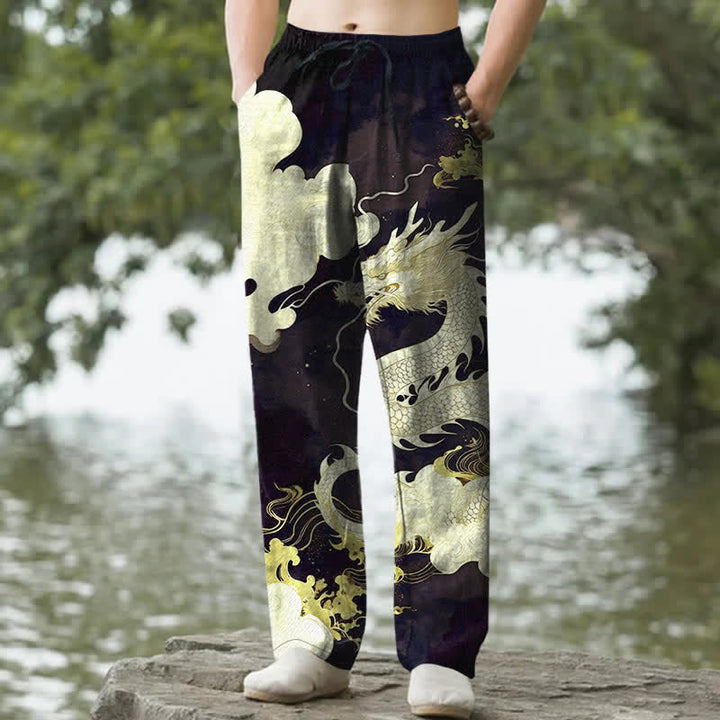 Buddha Stones Pantalon fuselé pour homme en coton à motif nuage de dragon, avec poches - Noir - US/UK/AU50，EU60 (5XL) - image 6