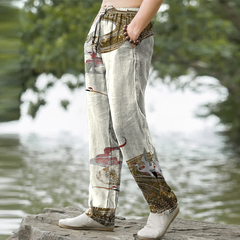 Buddha Stones Pantalon fuselé pour homme en coton blanc à motif de vagues et grues, avec poches - image 1