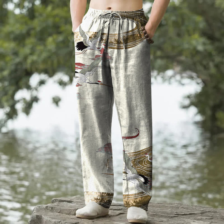 Buddha Stones Pantalon fuselé pour homme en coton blanc à motif de vagues et grues, avec poches - Beige - US/UK/AU50，EU60 (5XL) - image 0