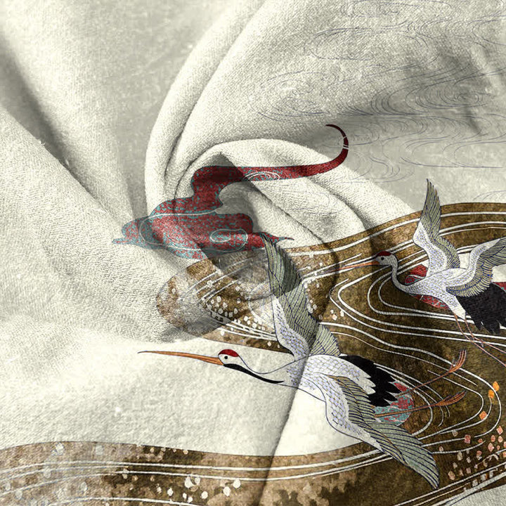 Buddha Stones Pantalon fuselé pour homme en coton blanc à motif de vagues et grues, avec poches - image 3