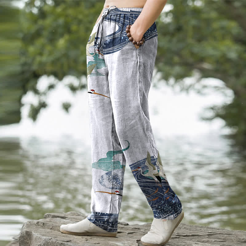 Buddha Stones Pantalon fuselé pour homme en coton blanc à motif de vagues et grues, avec poches - Crème à la menthe - US/UK/AU50，EU60 (5XL) - image 5