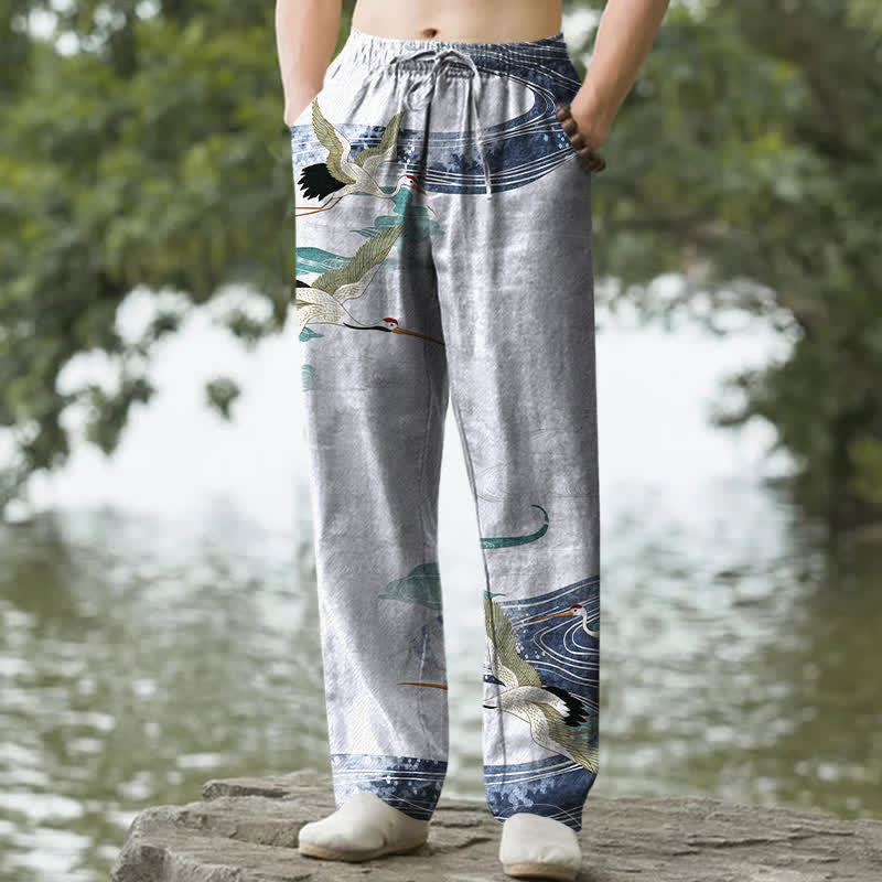 Buddha Stones Pantalon fuselé pour homme en coton blanc à motif de vagues et grues, avec poches - AliceBlue - US/UK/AU50，EU60 (5XL) - image 4