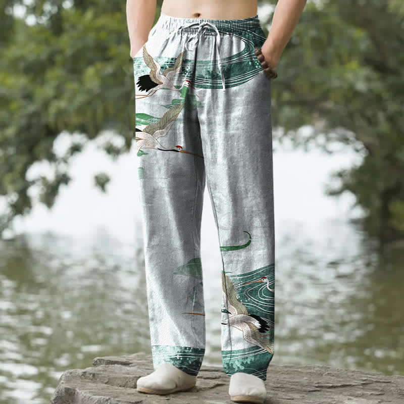 Buddha Stones Pantalon fuselé pour homme en coton blanc à motif de vagues et grues, avec poches - image 6