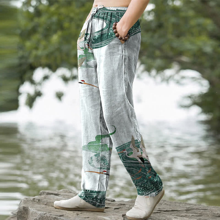 Buddha Stones Pantalon fuselé pour homme en coton blanc à motif de vagues et grues, avec poches - image 7
