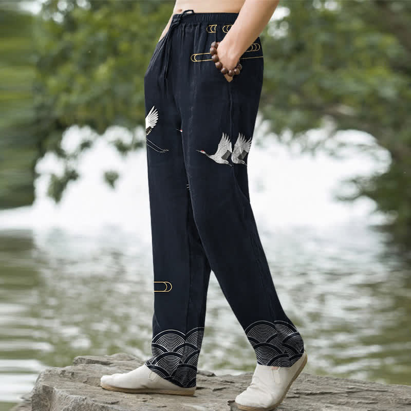 Buddha Stones Pantalon fuselé pour homme en coton blanc à motif de vagues et grues, avec poches - image 1