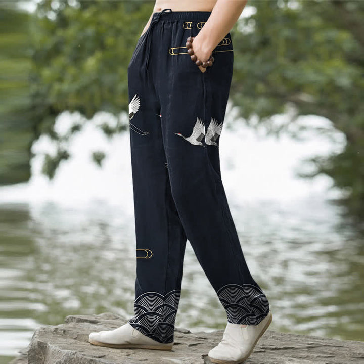 Buddha Stones Pantalon fuselé pour homme en coton blanc à motif de vagues et grues, avec poches - image 1